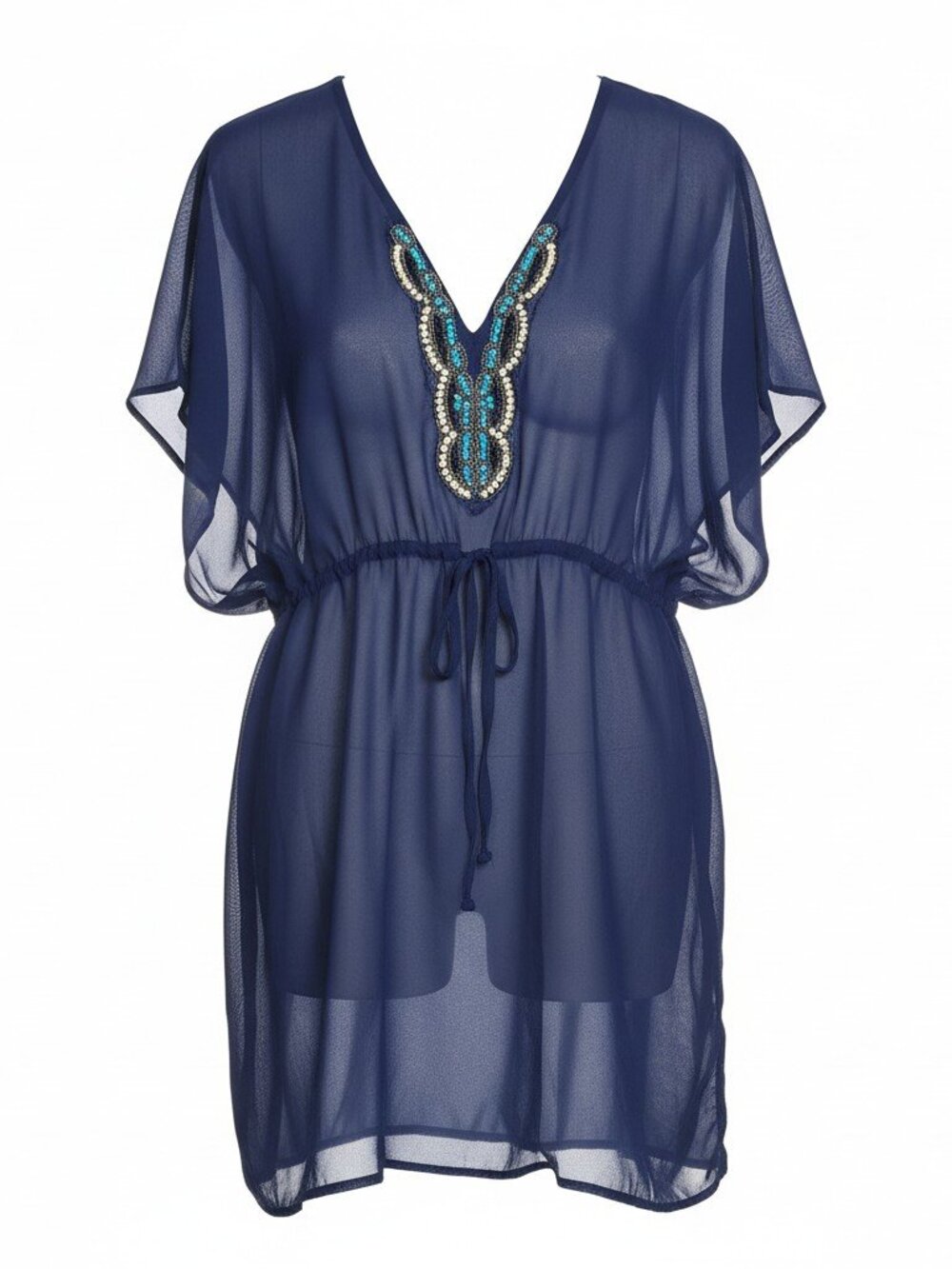 Tropical Escape XL Sheer Navy Beaded Swim Cover Up Kaftan Beach Tunic